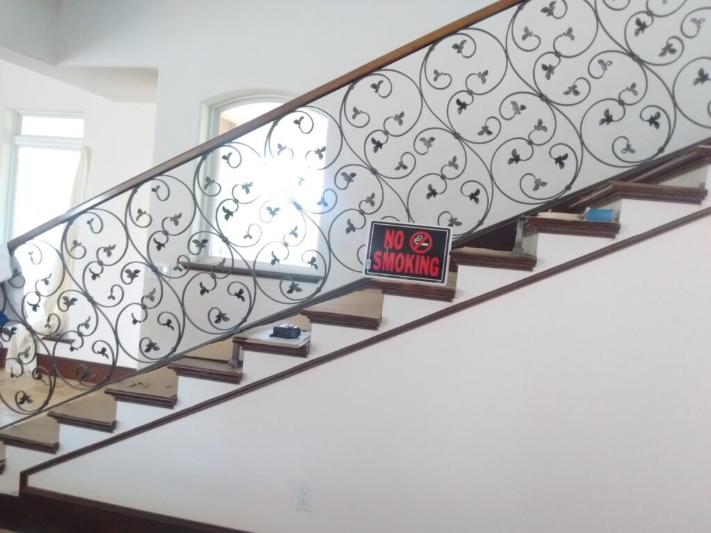 A staircase with a sign that says " no stairs."